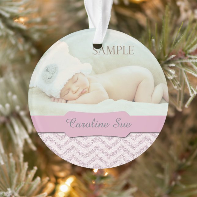 Silver Pink Faux Glitter Baby 1st Christmas Photo Ornament (Tree)
