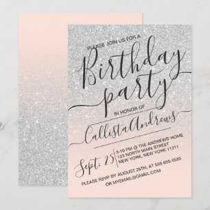 Silver Pink Faux Sparkly Glitter Ombre Birthday Invitation