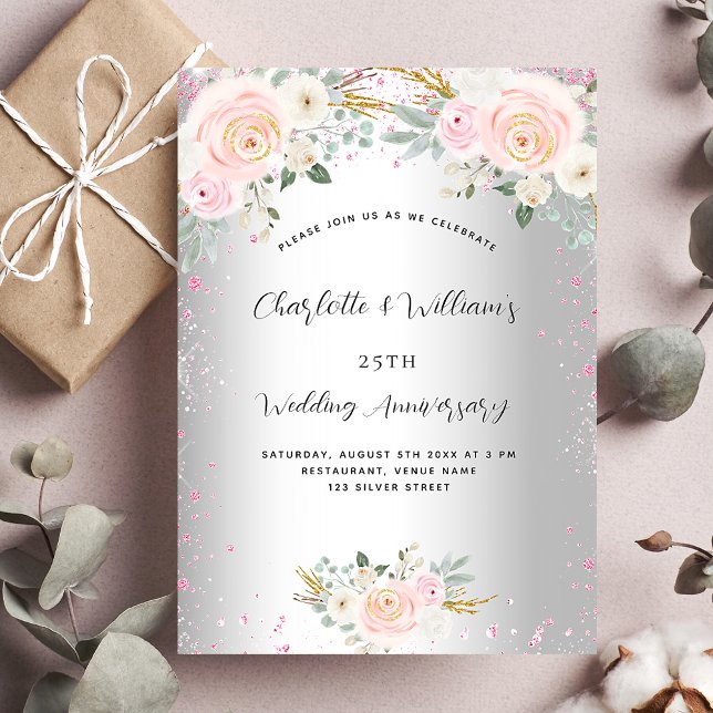 Silver pink floral 25th wedding anniversary invitation (Creator Uploaded)
