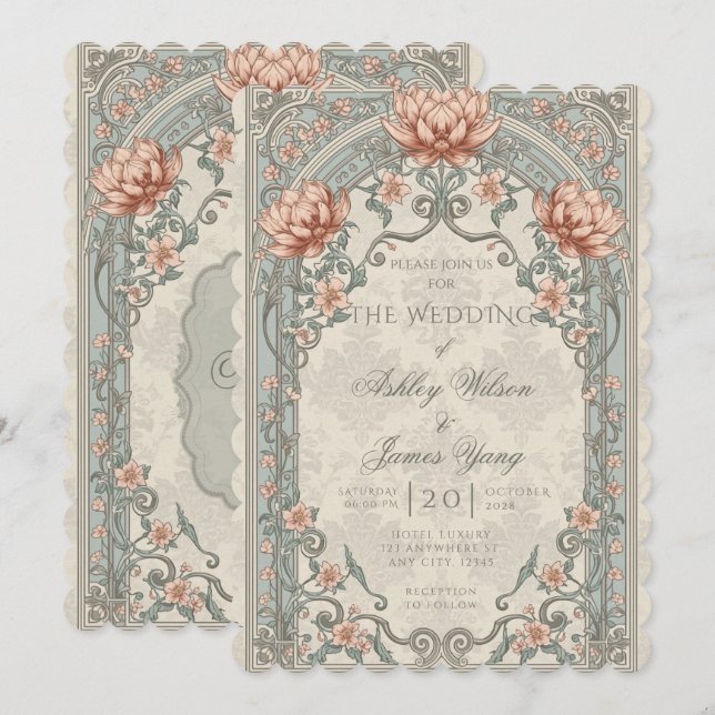 Silver Pink Floral Botanical Wedding Invitation (Front/Back)