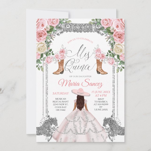 Silver & Pink Floral Charra Quinceanera Birthday Invitation (Front)