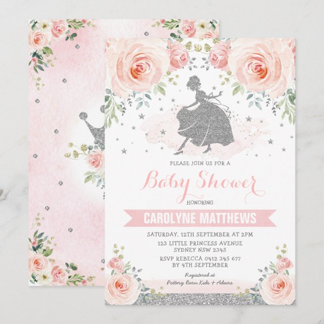 Silver Pink Floral Cinderella Princess Baby Shower Invitation (Front/Back)