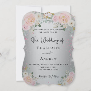 Silver pink floral elegant luxurious wedding invitation