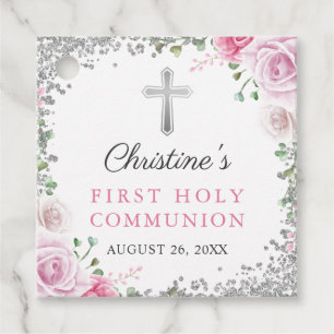 Silver Pink Floral First Holy Communion Thank You Favour Tags