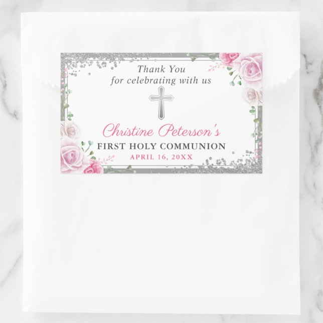 Silver Pink Floral First Holy Communion Thank You Rectangular Sticker (Bag)