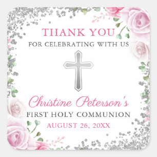 Silver Pink Floral First Holy Communion Thank You Square Sticker