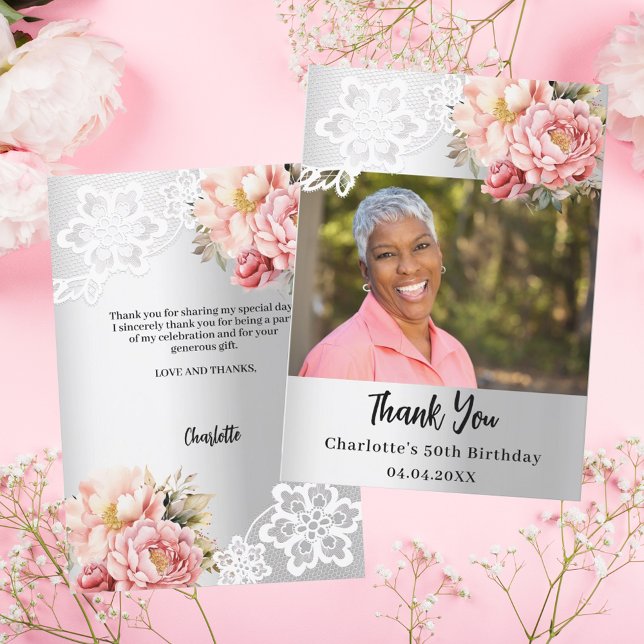 Silver pink floral lace birthday photo thank you card (Creator Uploaded)