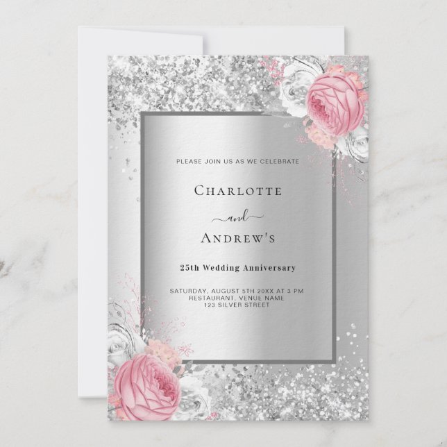 Silver pink floral luxury 25th wedding anniversary invitation (Front)