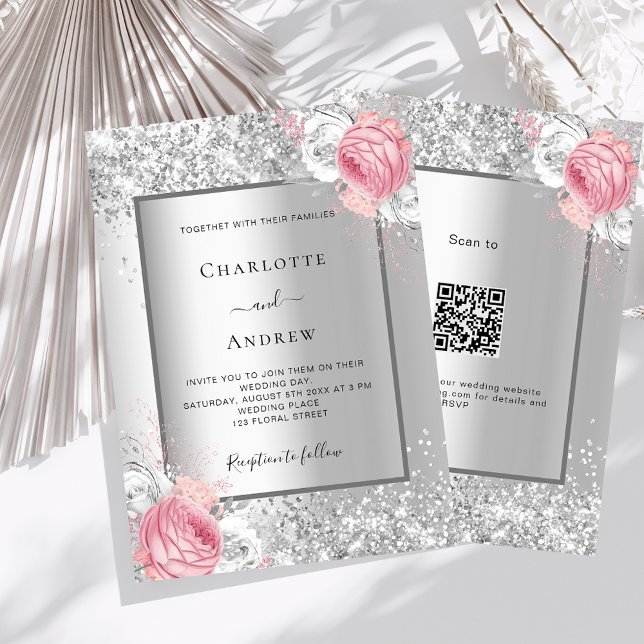 Silver pink floral QR code RSVP luxury wedding Invitation (Creator Uploaded)