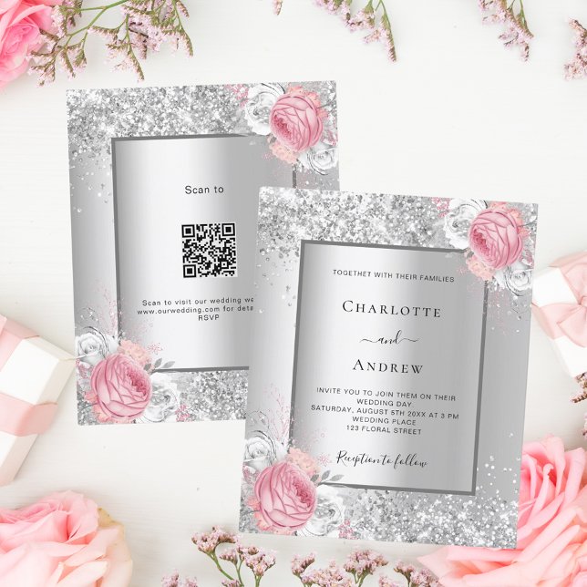 Silver pink floral QR code RSVP wedding invitation (Creator Uploaded)
