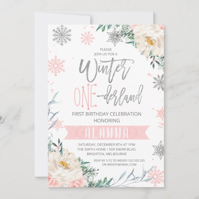 Silver Pink Floral Winter Onederland 1st Birthday Invitation (Front)