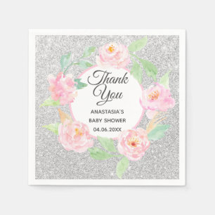 Silver & Pink Floral Wreath Thank You Baby Shower Napkin