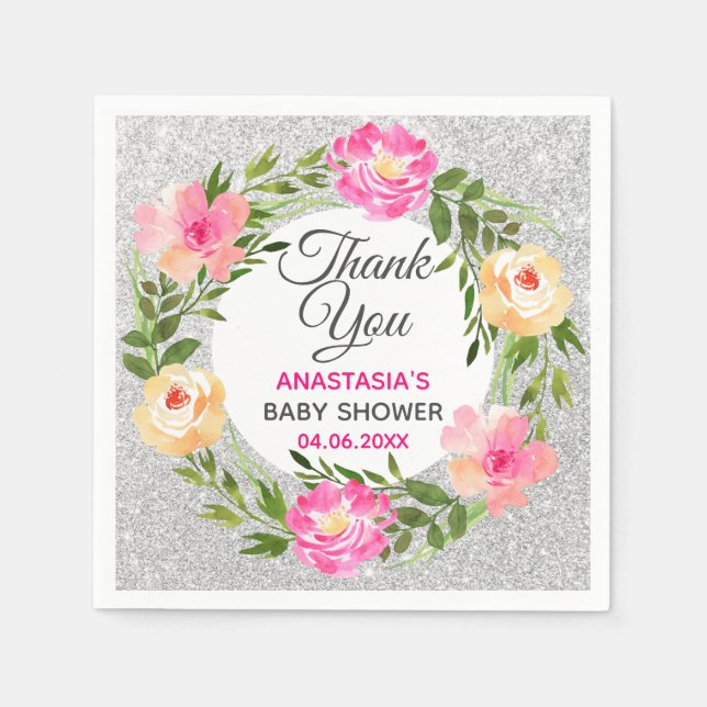 Silver & Pink Floral Wreath Thank You Baby Shower Napkin (Front)