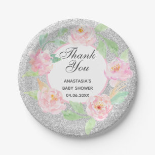 Silver & Pink Floral Wreath Thank You Baby Shower Paper Plate