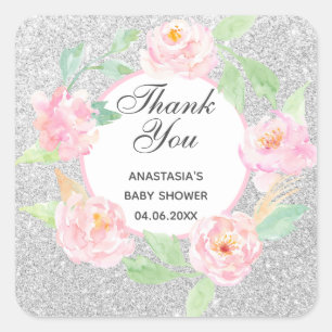Silver & Pink Floral Wreath Thank You Baby Shower Square Sticker