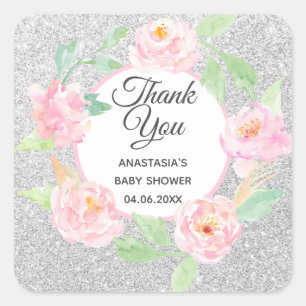 Silver & Pink Floral Wreath Thank You Baby Shower Square Sticker