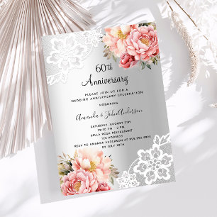 Silver pink florals 60th wedding anniversary invitation