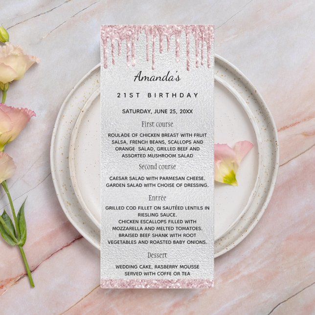 silver pink florals birthday menu card (Creator Uploaded)