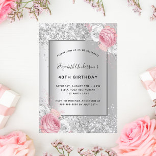 Silver pink florals elegant glamourous birthday invitation