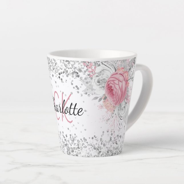 Silver pink florals elegant monogram name latte mug (Right Angle)
