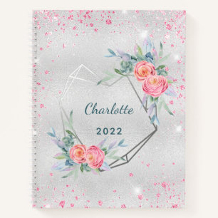 Silver pink florals glitter dust name diary notebook