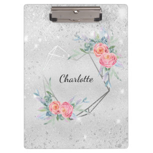 Silver pink florals glitter name clipboard