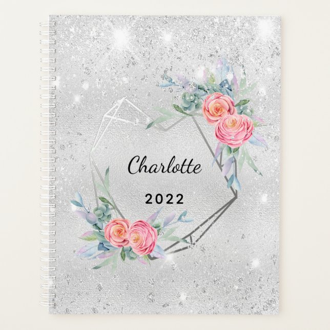 Silver pink florals glitter name elegant planner (Front)
