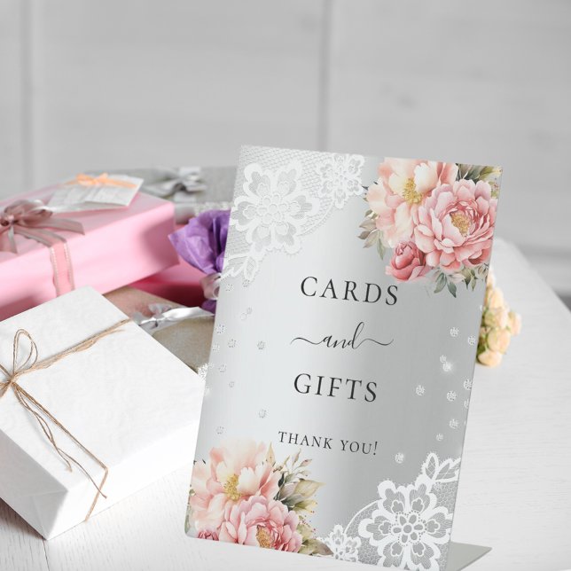 Silver pink florals lace cards gifts sign (Creator Uploaded)