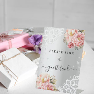 Silver pink florals lace guest book sign