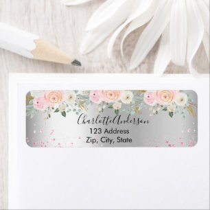 Silver pink florals return address label