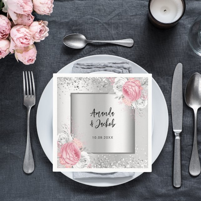Silver pink florals wedding napkin (Creator Uploaded)