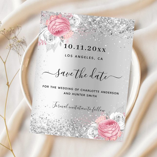Silver pink florals wedding save the date card (Creator Uploaded)
