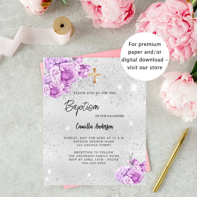 Silver pink flowers girl budget Baptism invitation (Creator Uploaded)