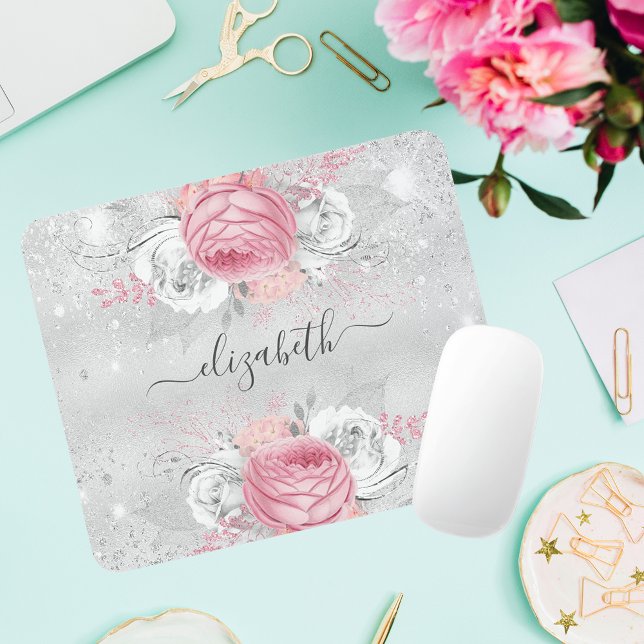 Silver pink flowers glitter name script mouse mat (Creator Uploaded)