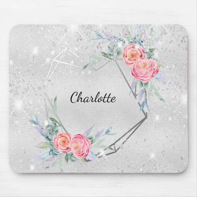 Silver pink flowers roses name mouse mat (Front)
