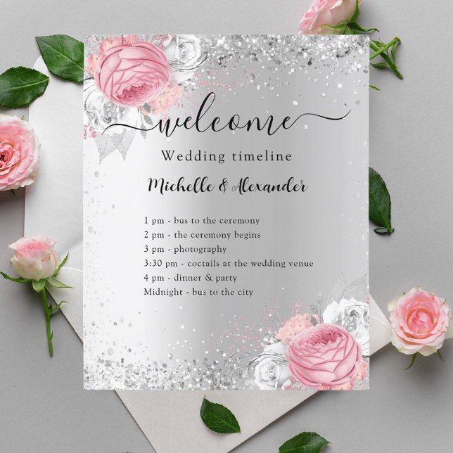 Silver pink flowers wedding program flyer (Creator Uploaded)