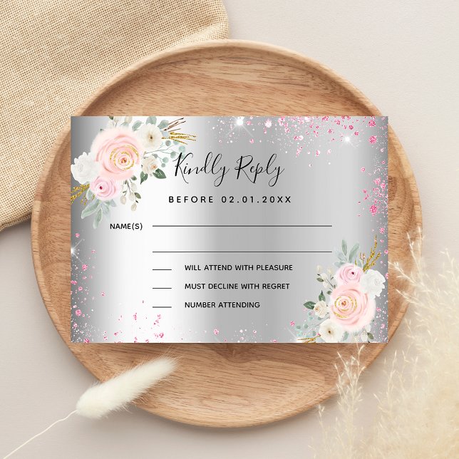 Silver pink flowers wedding response RSVP Card (Creator Uploaded)