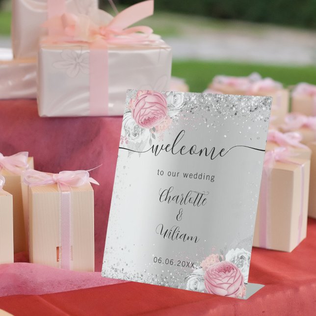 Silver pink flowers wedding welcome sign (Creator Uploaded)