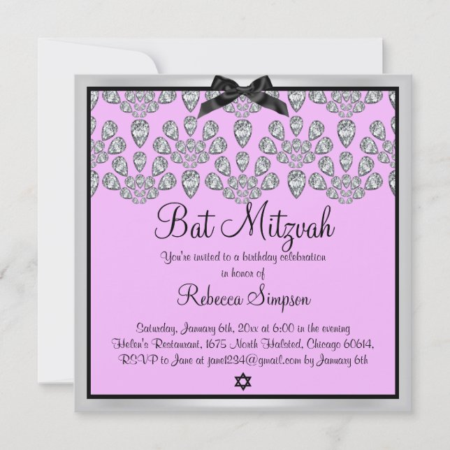 Silver & Pink Forever Diamonds Bat Mitzvah Invite (Front)
