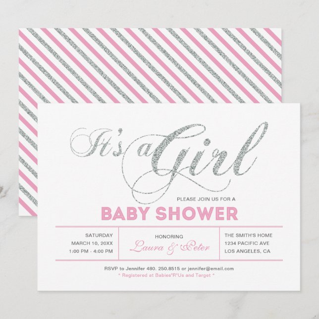 Silver & Pink | Girl, Chic Typography Baby Shower Invitation (Front/Back)