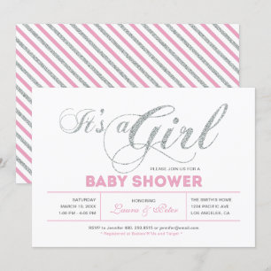 Silver & Pink   Girl, Chic Typography Baby Shower Invitation
