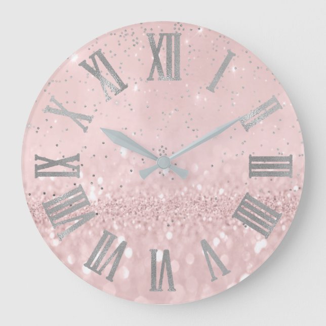 Silver Pink Glitter Cpnfetti Metallic Roman Numers Large Clock (Front)