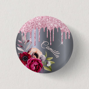 Silver pink glitter drip floral name tag 3 cm round badge
