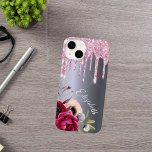 Silver pink glitter drips floral name script Case-Mate iPhone 14 case<br><div class="desc">Pink faux glitter drip,  paint drip look on a faux silver metallic looking background. Burgundy and rose gold coloured Flowers. Template for Your name.  The name in rose gold is written with a modern and trendy hand lettered style script.</div>