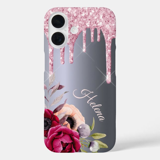 Silver pink glitter drips flowers name Case-Mate iPhone case (Back)