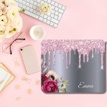 Silver pink glitter drips metallic florals name mouse mat<br><div class="desc">Pink faux glitter drip,  paint drip look on a faux silver metallic looking background. Burgundy and rose gold colored Flowers. Template for Your name.  The name in rose gold is written with a modern and trendy hand lettered style script.</div>