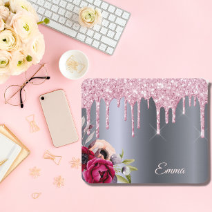 Silver pink glitter drips metallic florals name mouse mat