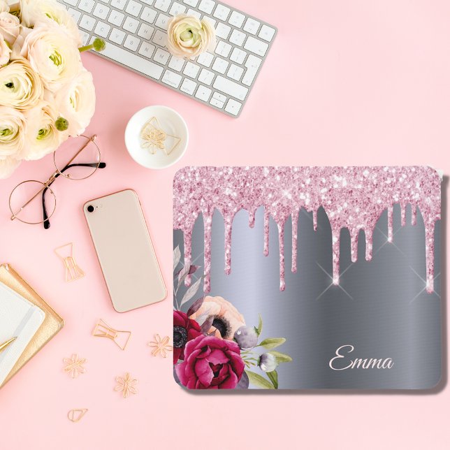 Silver pink glitter drips metallic florals name mouse mat (Creator Uploaded)