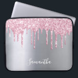 Silver pink glitter drips name girly laptop sleeve<br><div class="desc">An elegant,  girly and glam ipad case. Pink faux glitter drip,  paint drip.  Chic faux silver looking background. Insert your name,  written with a modern hand lettered style script.  White coloured letters.</div>