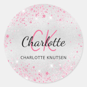 Silver pink glitter dust monogram initials name classic round sticker